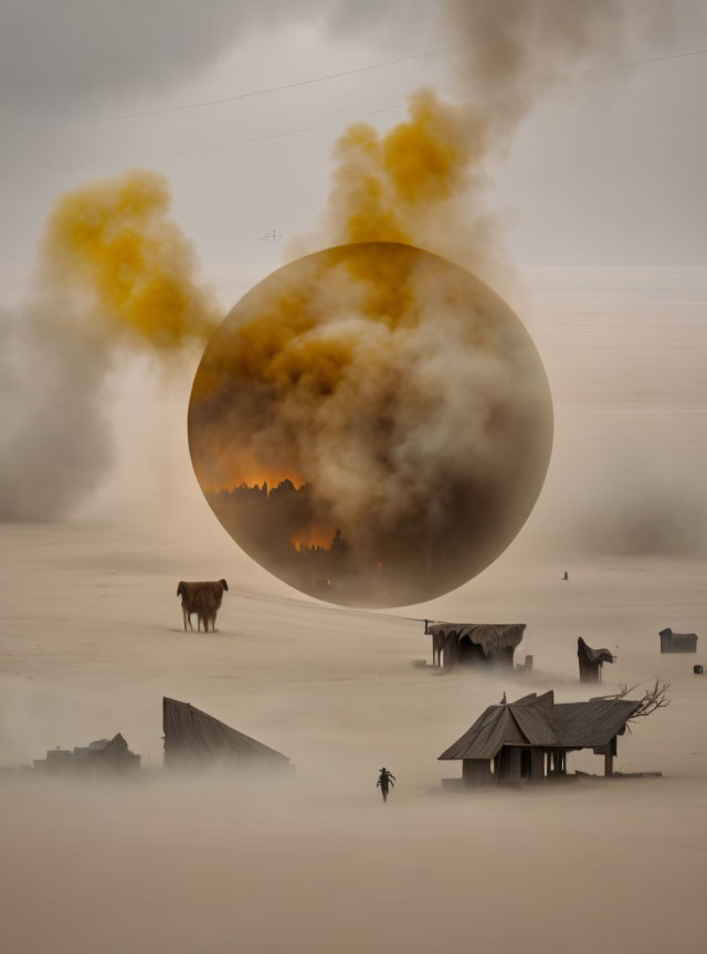 Surreal animal scene in foggy landscape with burning forest sphere