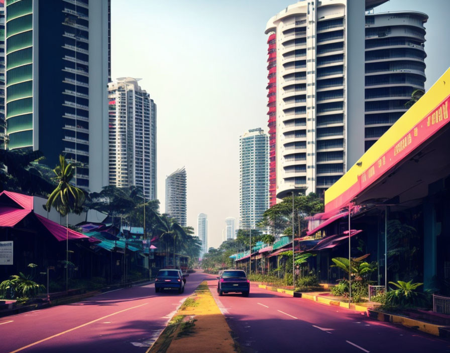 City street with purple trees, modern buildings, and cars under blue sky