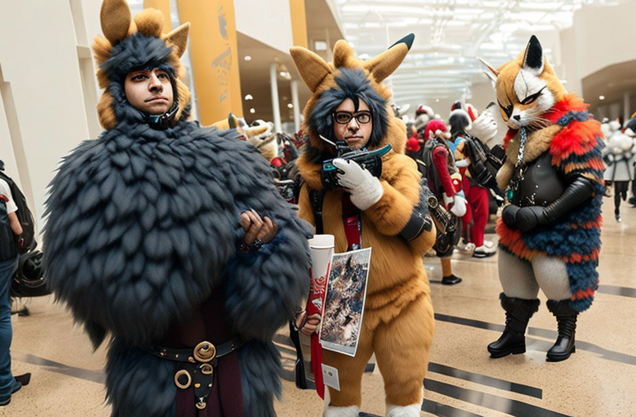 Elaborate animal-themed costumes at a convention featuring birds and a fox.