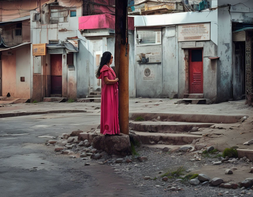 Woman in Pink Dress Standing in Desolate Alleyway