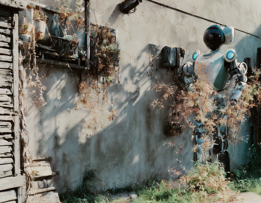 Blue and White Metallic Dog Robot Peeking from Crumbling Wall