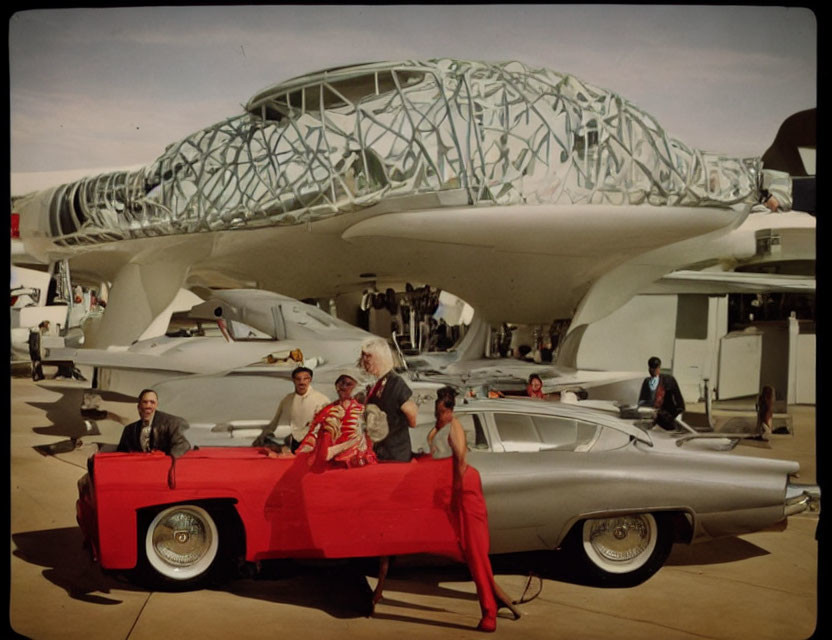 Vintage photo: People with futuristic car at retro-futuristic building