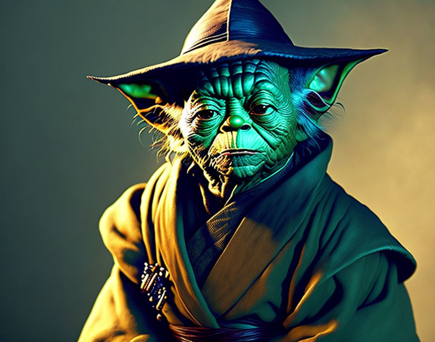 Detailed portrait of green-skinned Yoda in Jedi robe