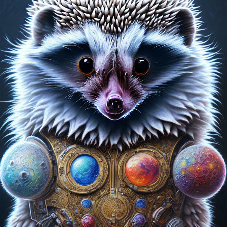 Detailed raccoon illustration with cosmic orbs and steampunk elements