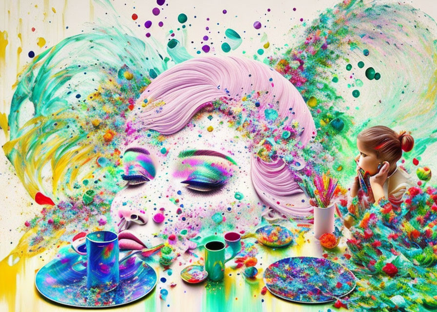 Colorful digital artwork: Woman's face merged with paint splashes & figure with brush.