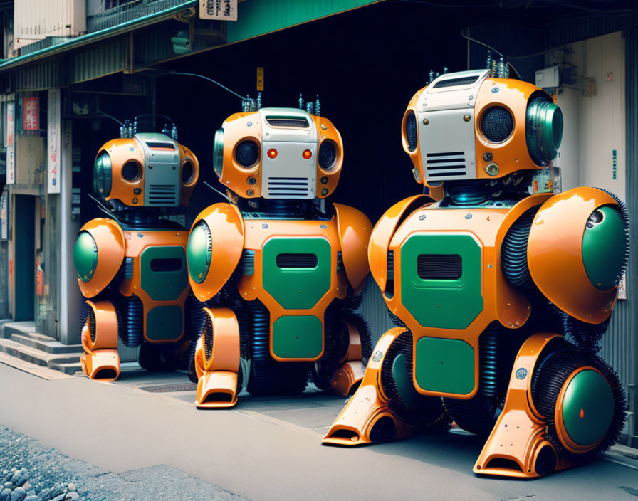 Colorful humanoid robots in row on street with buildings.