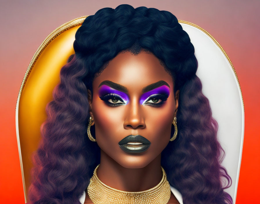 Dark-skinned woman with bold purple eyeshadow and gold accessories in front of warm backdrop.