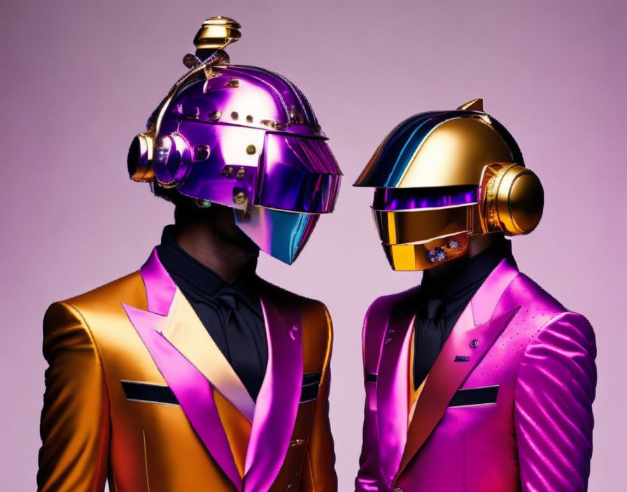 Two individuals in shiny gold and silver helmets and vibrant metallic purple and orange suits on a pink backdrop.