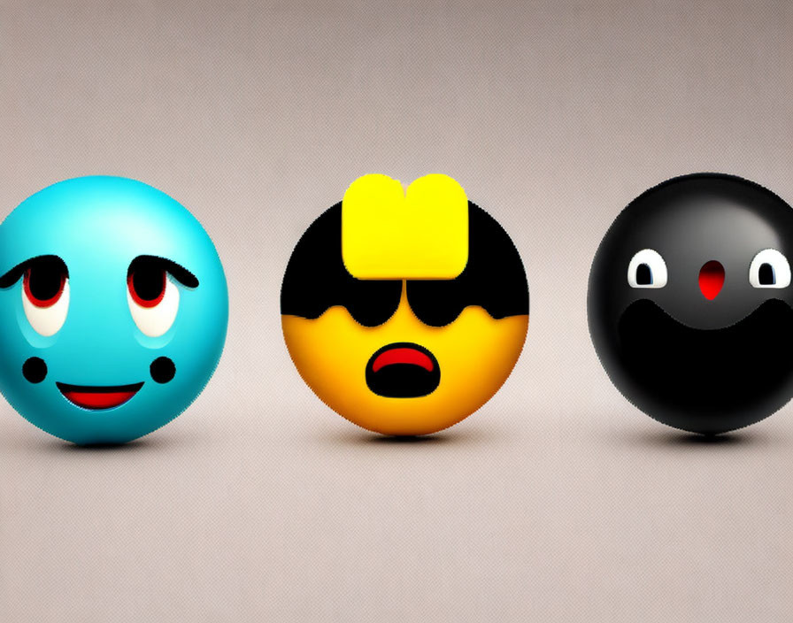 Stylized spherical emoji characters on neutral background