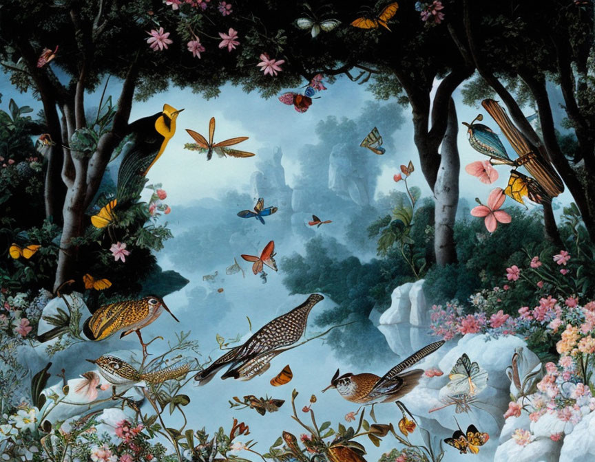 Colorful forest scene with birds, butterflies, flowers, and castle