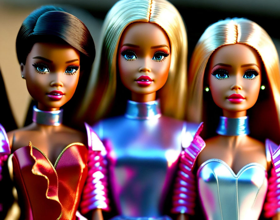 Three Barbie dolls in metallic dresses with different hairstyles posing together.