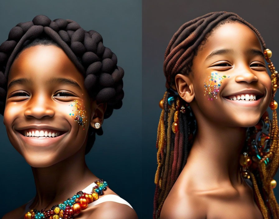 Smiling children with colorful hair beads on dark background