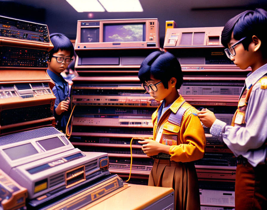 Three Children with Glasses Exploring Vintage Room with Electronics