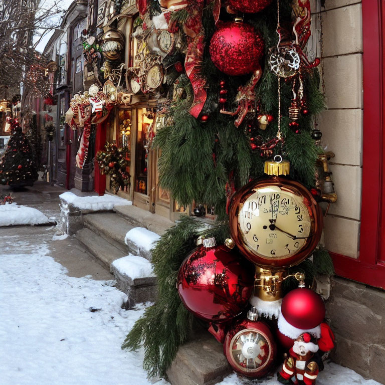 Festive storefront with red Christmas ornaments and Santa figurine