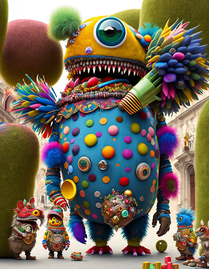 Whimsical street scene with colorful, one-eyed creatures and sharp teeth