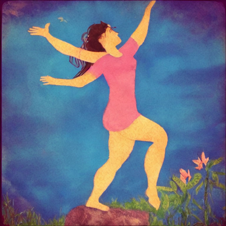 Illustration of joyful person with raised arms on rock against blue sky