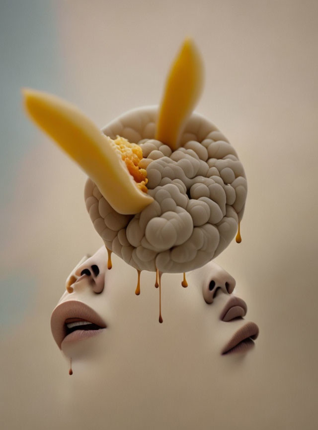 Surreal Brain with Melting Cheese and Pepper Slice Artwork Displayed