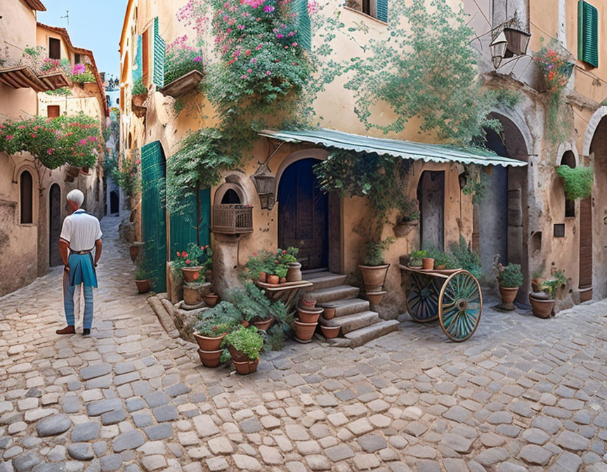 Man observing quaint street with potted plants, flowers, rustic cart, and old-world architecture.