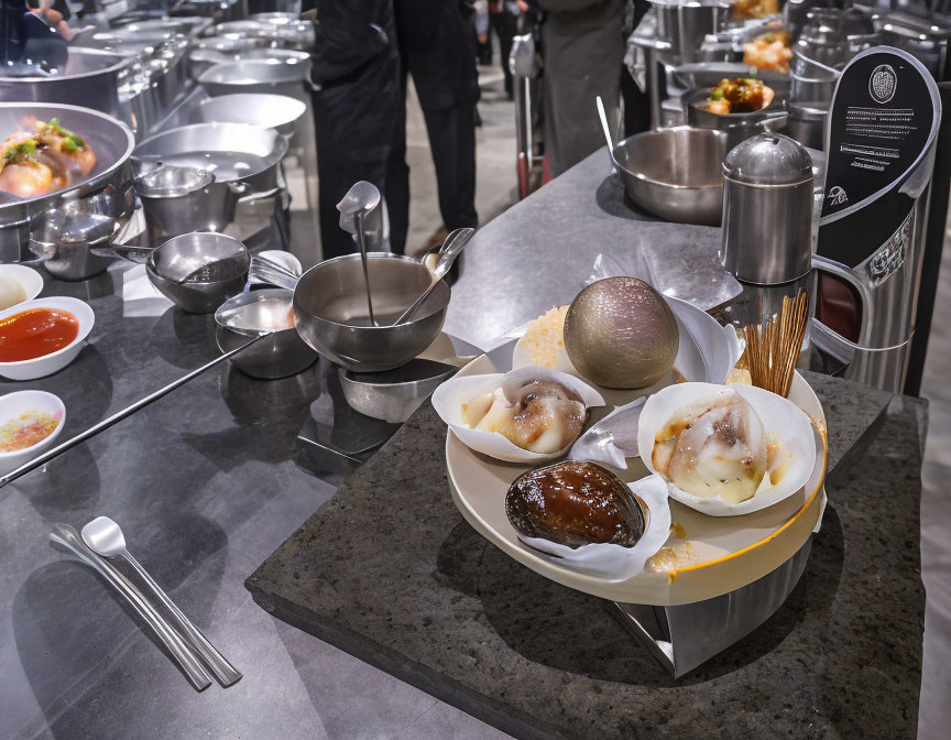 Buffet Setup with Dim Sum and Dumplings Plate and Stainless Steel Pots