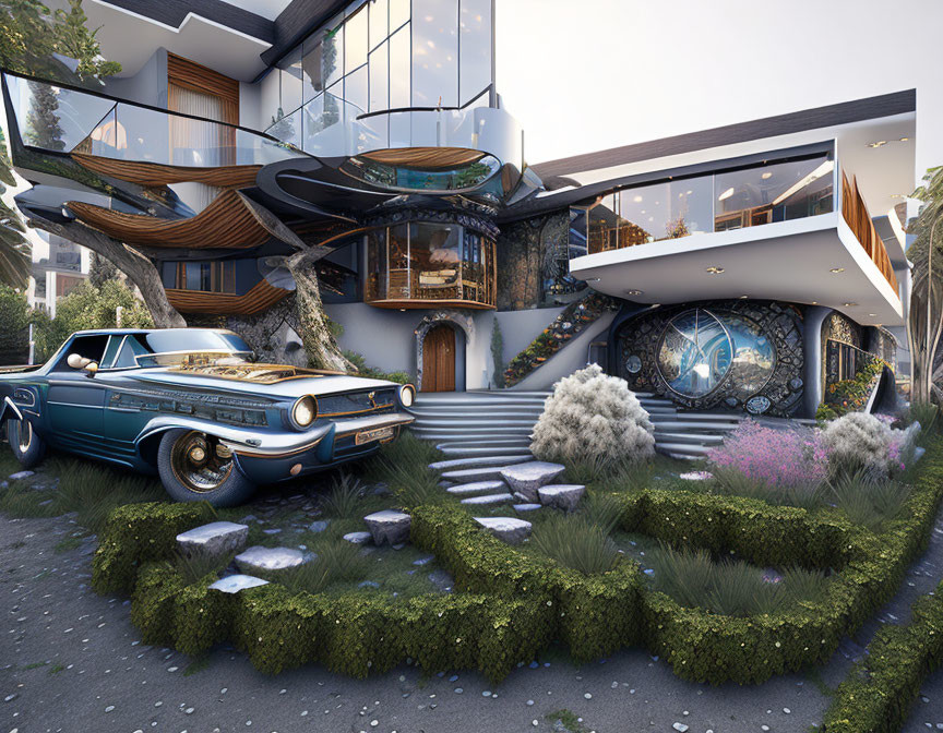 Modern House with Organic Architecture and Vintage Blue Pickup Truck