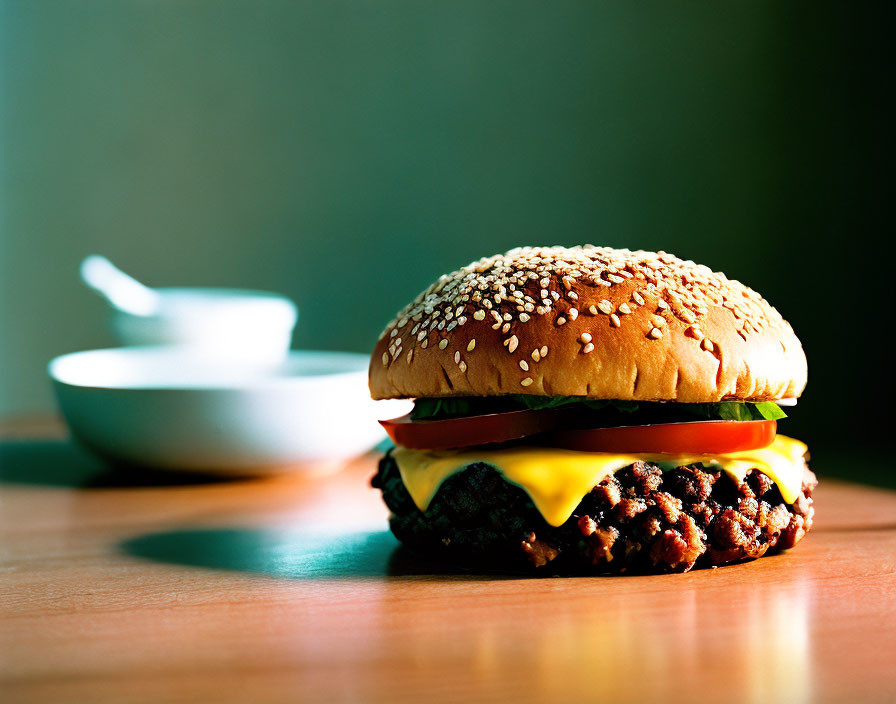 Delicious cheeseburger with lettuce and tomato on sesame seed bun