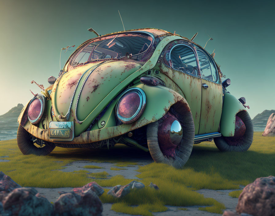 Digitally rendered green Volkswagen Beetle with monster truck wheels on grassy landscape