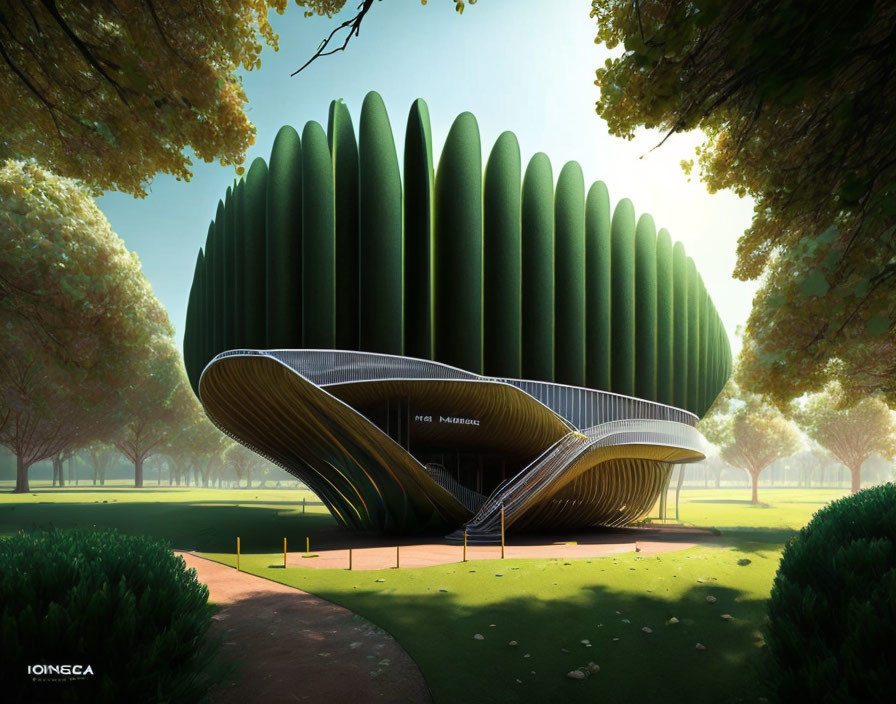 Scalloped green roof on futuristic building in serene park