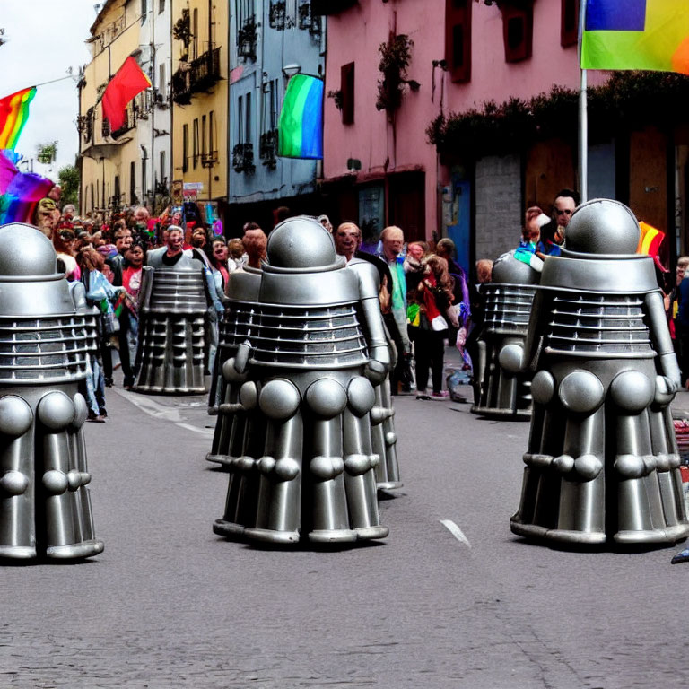 Colorful Parade Featuring Rainbow Flags and Dalek Replicas