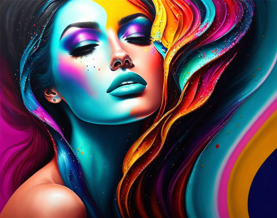 Colorful digital portrait of woman with multicolored hair and vibrant makeup