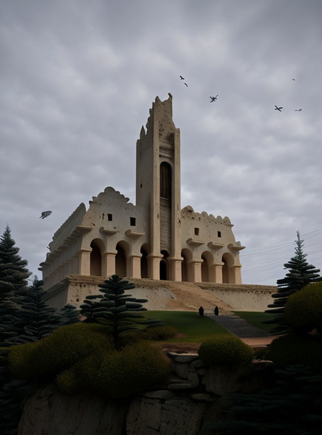 Clay fortress structure with central tower under cloudy sky surrounded by greenery and birds.