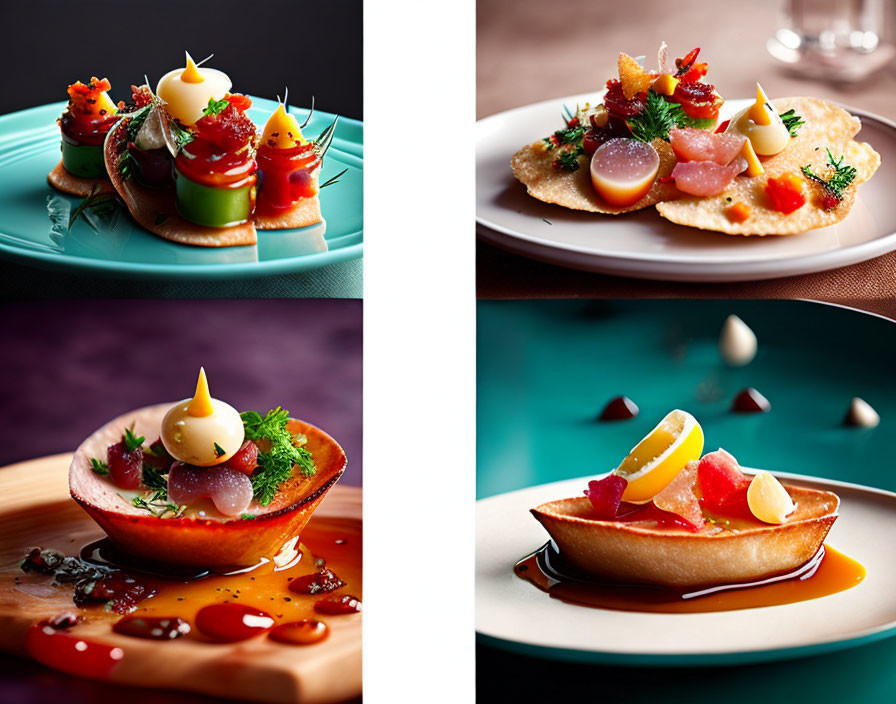 Colorful Plates with Elegant Garnished Gourmet Appetizers