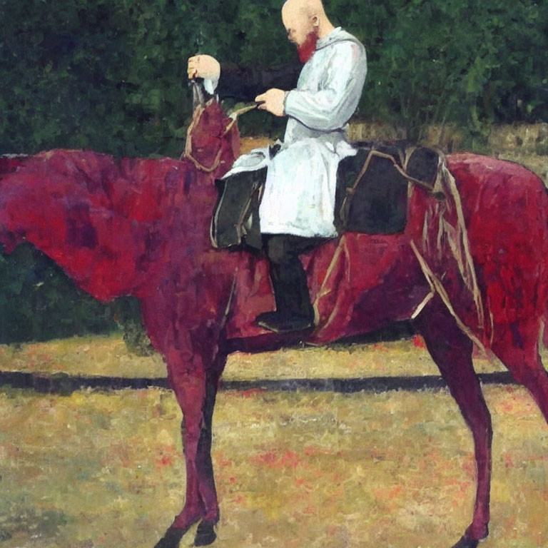 Bald Person in Traditional Attire Riding Red Horse with White Object