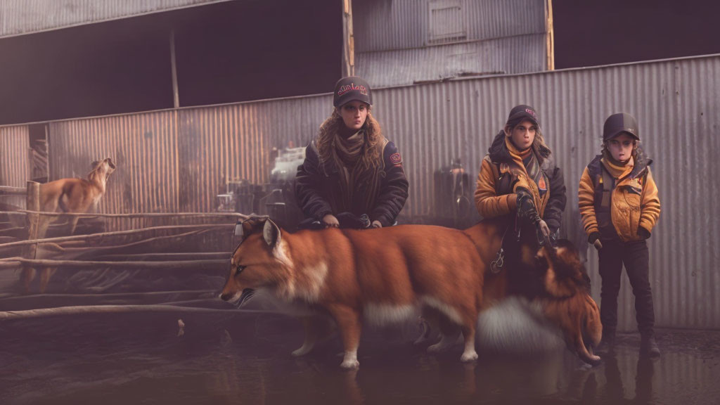 Three people in matching jackets and caps with dogs and horse in stable scene