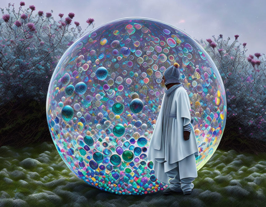 Person in white robe and hat with giant iridescent bubble in purple-flowered shrub setting.