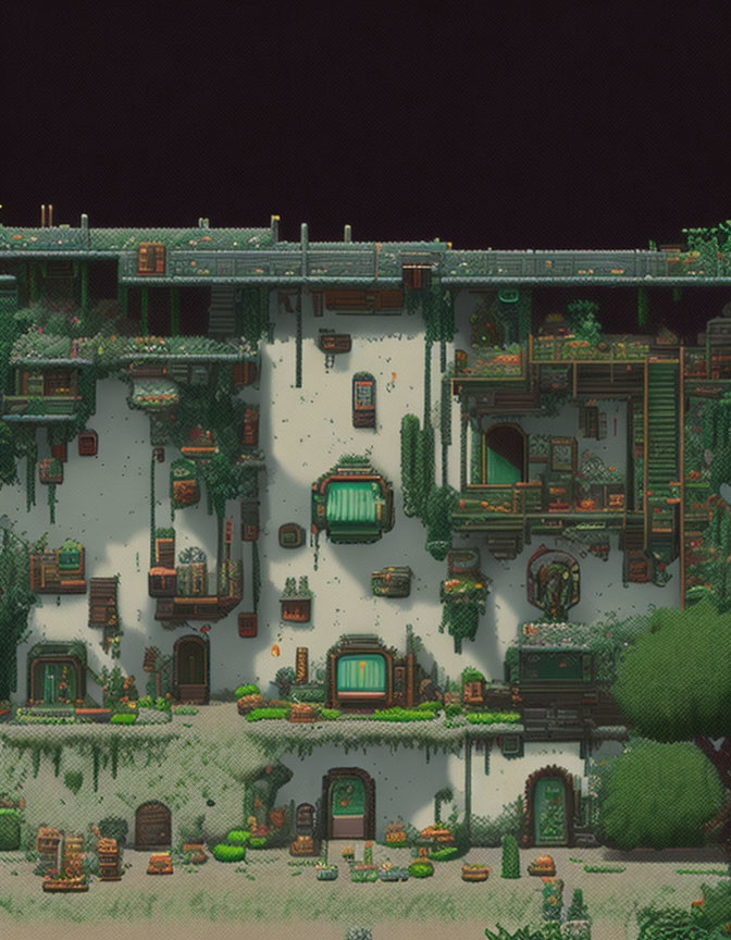 Detailed Pixel Art of Multi-Level Building with Greenery & Balconies