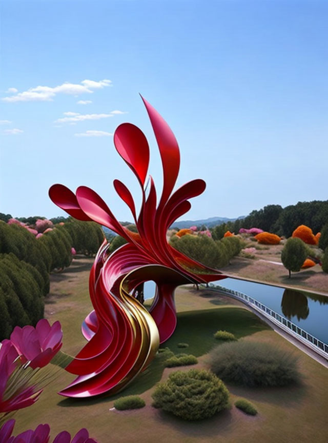 Colorful digital art: Red and gold swirling petals in park with bridge and river