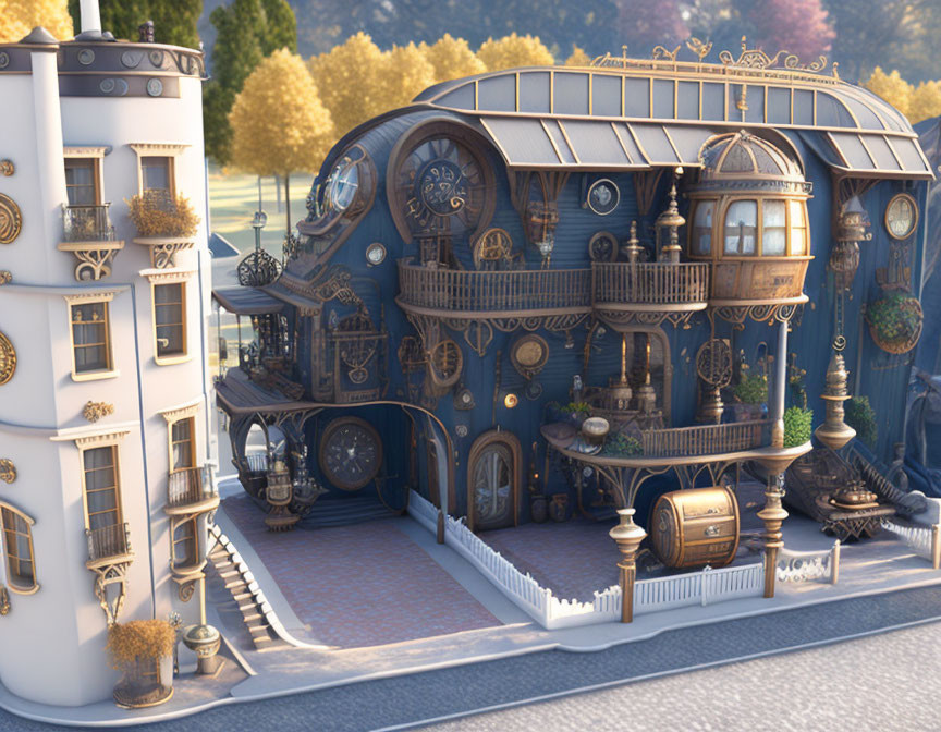 Detailed 3D steampunk snail building next to classic apartment