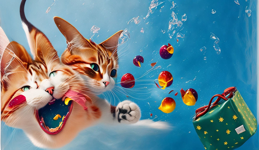 Playful animated cats splashing with fish in bright, whimsical scene