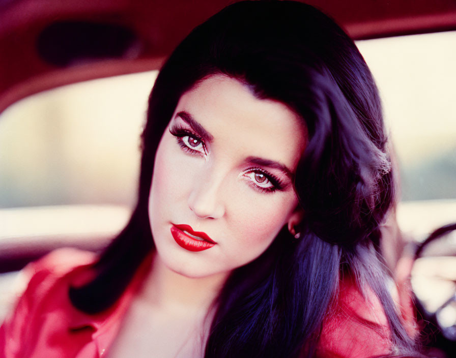 Dark-haired woman in car with red lipstick and focused gaze