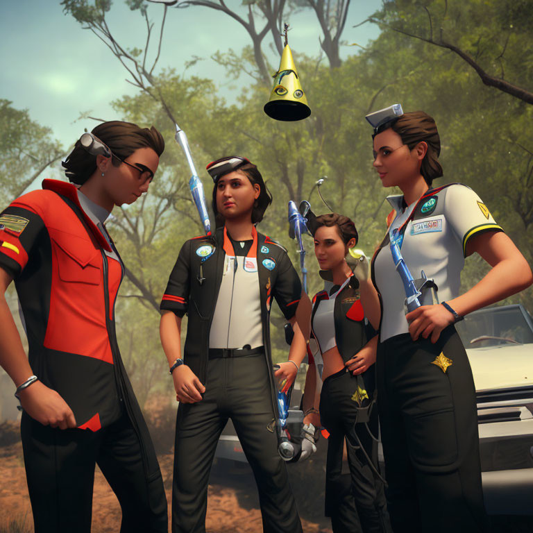 Four animated characters in emergency services uniforms by vehicle in forest.