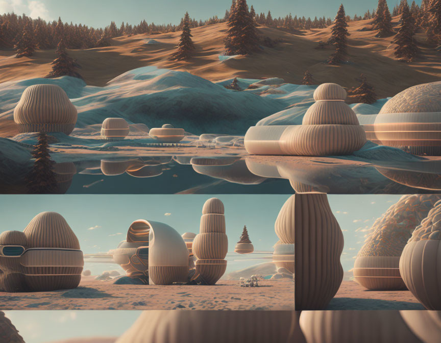 Surreal landscape with dome-like structures reflected in tranquil water