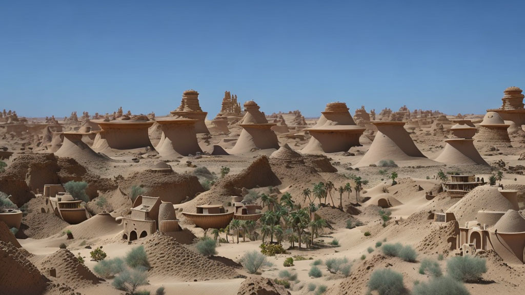 Arid desert landscape with mudbrick structures and rock formations