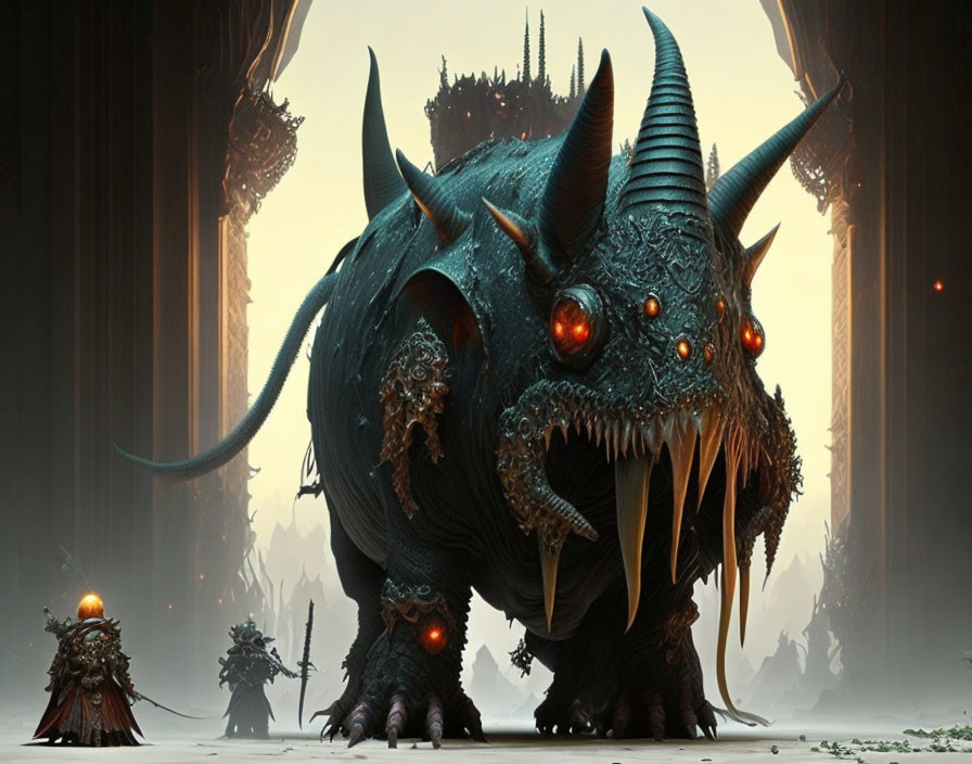 Monstrous creature with horns and red eyes in gothic cathedral setting