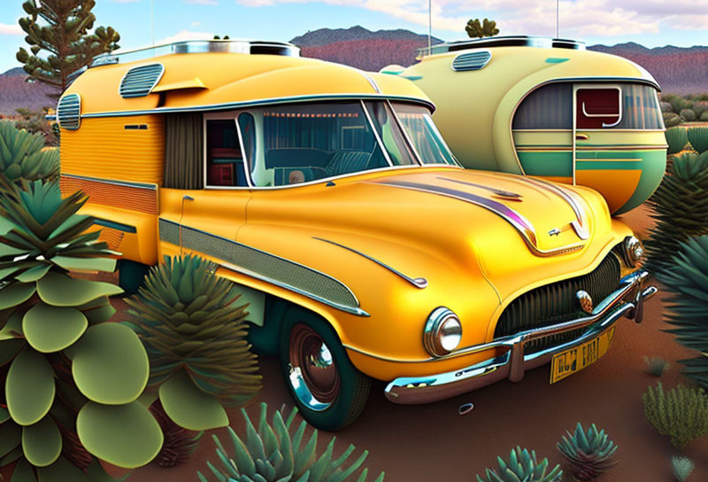 Vintage yellow-orange bus and trailer in desert with cacti under clear sky