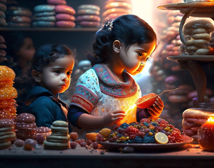 Children admiring glowing fruit in magical sweet scene.