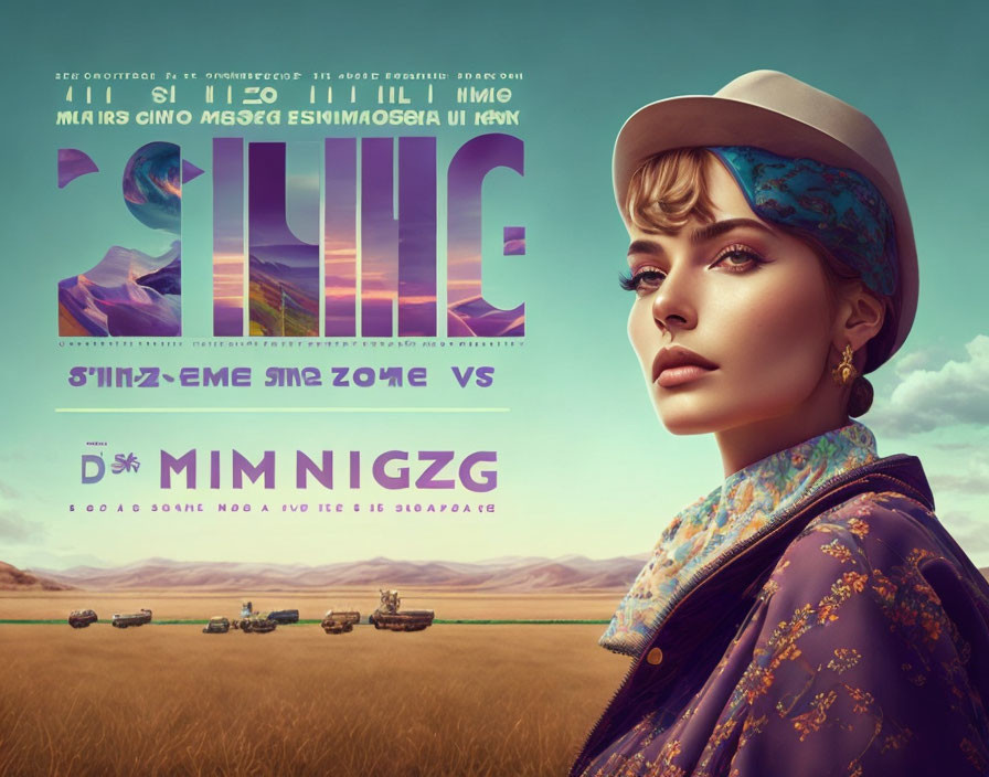 Retro-futuristic movie poster with 1960s fashion & desert landscape