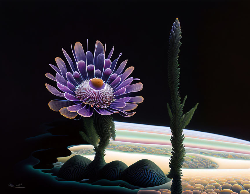 Digital painting of purple flower on dark background with stylized plant forms