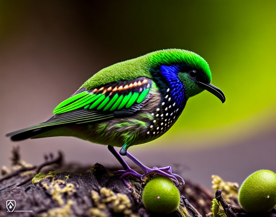 Colorful Bird with Iridescent Feathers on Mossy Branch