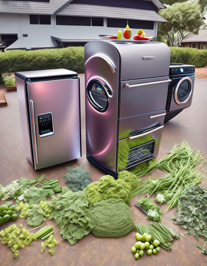 Stainless Steel Refrigerator, Retro Oven, Washing Machine with Fresh Vegetables Outdoors