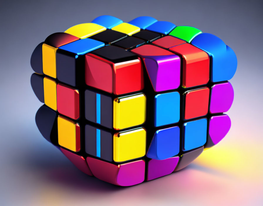 Colorful 3D-rendered Rubik's Cube on reflective surface